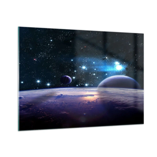 Impression sur verre - Image sur verre - Un paysage spatial avec des planètes et des étoiles sur fond de galaxie. - 100x70cm - Toujours seul? - Décoration murale moderne pour le salon et la chambre ARTTOR