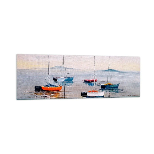 Impression sur verre - Image sur verre - Bateaux colorés sur une eau calme - 160x50cm - Un repos bien mérité - Décoration murale moderne pour le salon et la chambre ARTTOR
