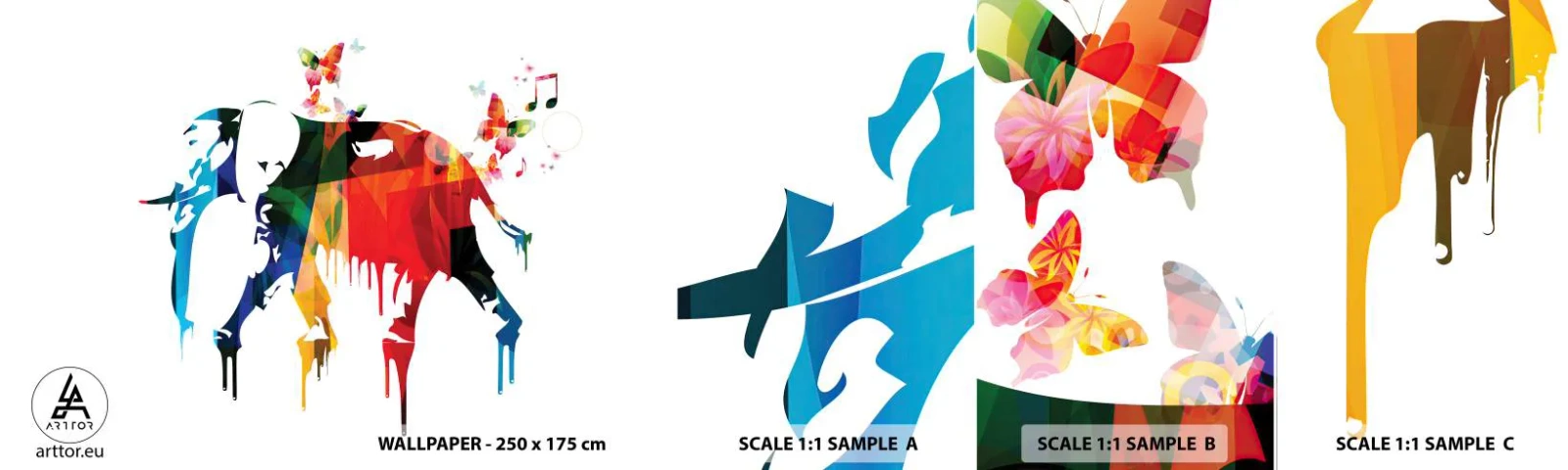 Échantillon De Papier Peint Standard Eco - Tout le monde peut danser - Abstraction, Éléphant, Papillon - 100x30 cm