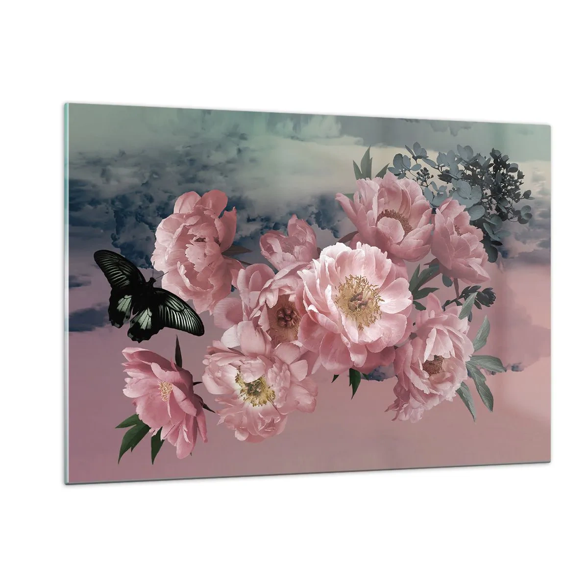 Impression sur verre - Image sur verre - Pivoines roses avec un papillon contre le ciel - 120x80cm - Pic du romantisme - Décoration murale moderne pour le salon et la chambre ARTTOR