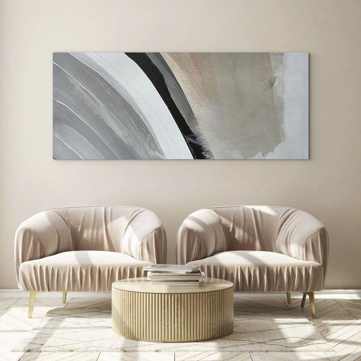 Impression sur verre - Image sur verre - Arche abstraite dans les tons de noir, gris et beige - 160x50cm - Composition : arc de noir et gris - Décoration murale moderne pour le salon et la chambre ARTTOR