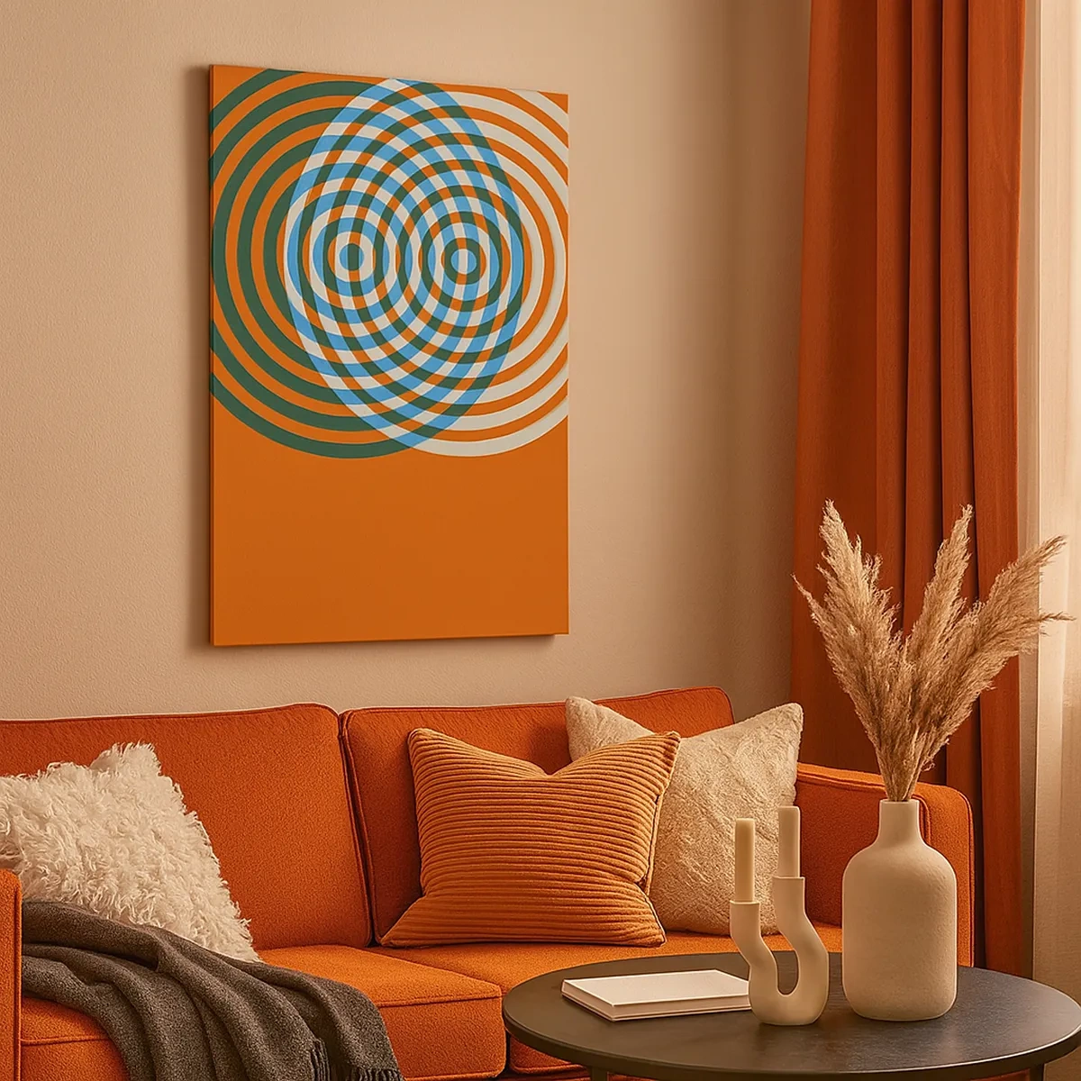 Impression sur toile - Image sur toile - Cercles concentriques sur fond orange - 50x70cm - Variation circulaire abstraite - Décoration murale moderne pour le salon et la chambre ARTTOR