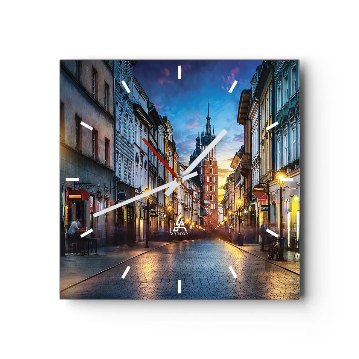 Horloge murale - Pendule murale - Rue du soir avec vue sur la cathédrale de Cracovie - 30x30cm - La magie de Cracovie - Décoration murale moderne pour le salon et la chambre ARTTOR