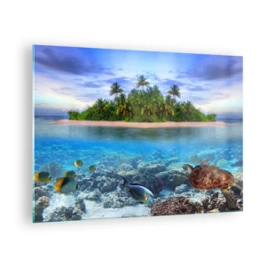 Impression sur verre - Image sur verre - Une île tropicale avec un récif corallien et une vie marine - 70x50cm - L'île céleste vous invite - Décoration murale moderne pour le salon et la chambre ARTTOR