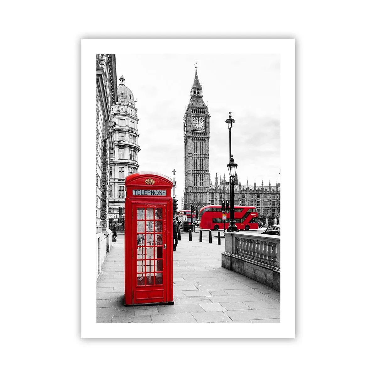 Affiche - Poster - Une cabine téléphonique rouge avec Big Ben et un bus en arrière-plan. - 50x70cm - Sans aucun doute Londres - Décoration murale moderne pour le salon et la chambre ARTTOR