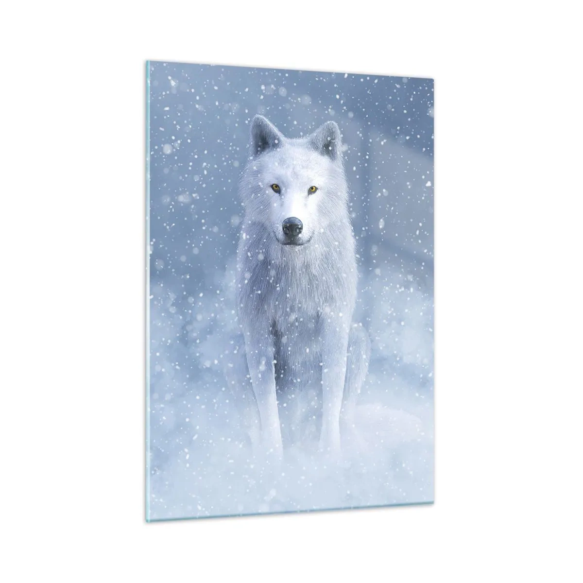 Impression sur verre - Image sur verre - Un loup blanc dans une tempête de neige regardant droit devant lui - 50x70cm - Dans une âme d'hiver - Décoration murale moderne pour le salon et la chambre ARTTOR
