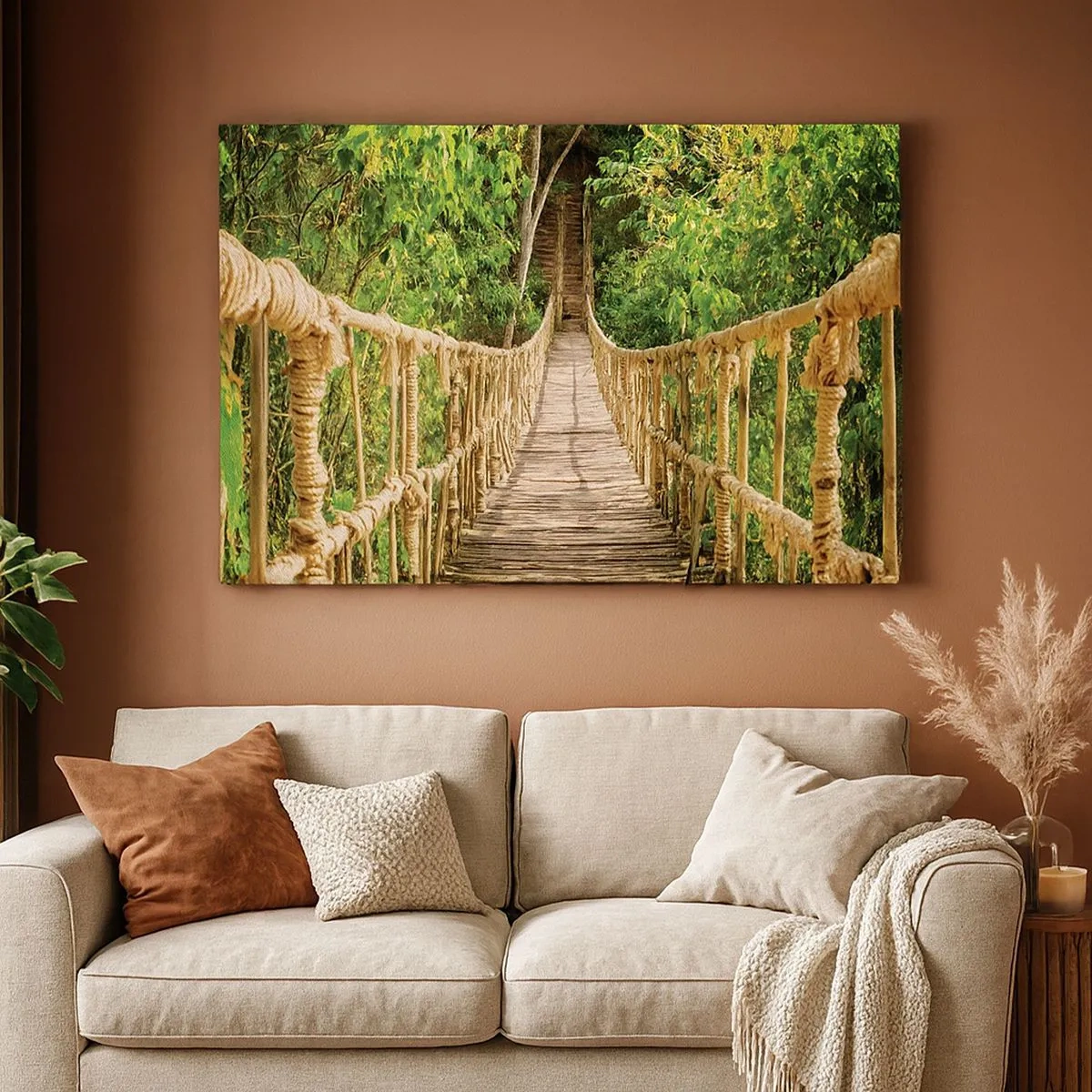 Impression sur toile - Image sur toile - Un pont suspendu dans une forêt tropicale pleine de verdure - 70x50cm - Suspendu dans la nature - Décoration murale moderne pour le salon et la chambre ARTTOR