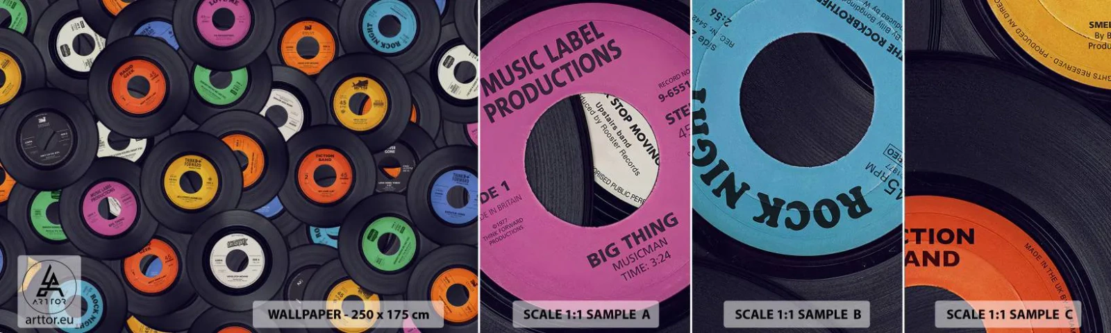 Échantillon de Papier Peint Autocollant Deluxe Sticker - Couleurs des classiques - Vinyle, Musique, Ancien - 100x30 cm