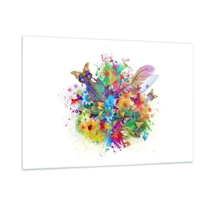 Impression sur verre - Image sur verre - Abstraction colorée avec des papillons, des fleurs et des plumes sur fond blanc - 120x80cm - Un bouquet de joie - Décoration murale moderne pour le salon et la chambre ARTTOR