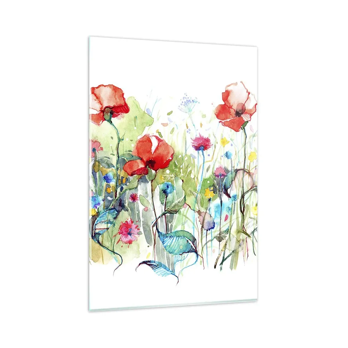 Impression sur verre - Image sur verre - Une prairie avec des coquelicots rouges et des fleurs colorées à l'aquarelle - 80x120cm - Prairie de fleurs en mai - Décoration murale moderne pour le salon et la chambre ARTTOR