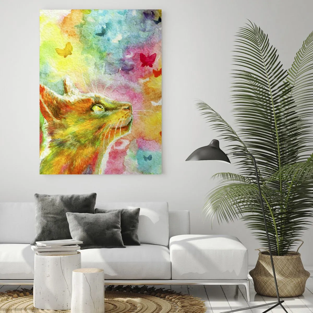 Impression sur verre - Image sur verre - Un chat entouré de papillons colorés - 80x120cm - Bayou-bayou au paradis des chats - Décoration murale moderne pour le salon et la chambre ARTTOR