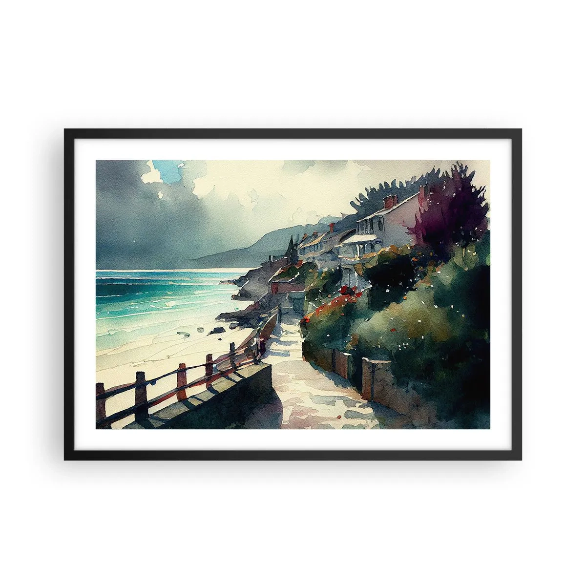 Affiche dans un cadre noir - Poster - Promenade en bord de mer avec maisons et végétation - 70x50cm - Ville méditerranéenne - Décoration murale moderne pour le salon et la chambre ARTTOR
