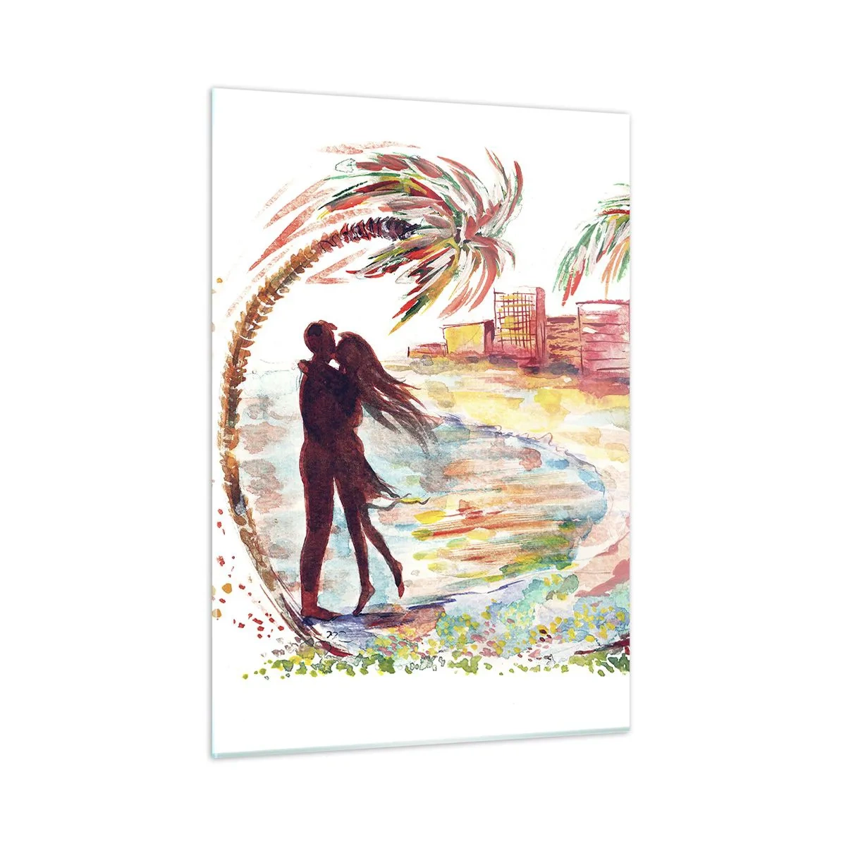 Impression sur verre - Image sur verre - Couple romantique dans un cadre tropical avec des palmiers - 50x70cm - Vacances romantiques - Décoration murale moderne pour le salon et la chambre ARTTOR