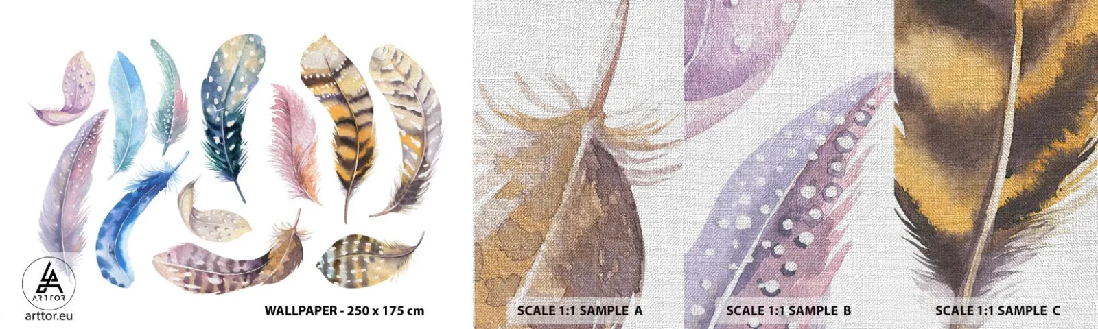 Échantillon de Papier Peint Premium Canvas - Léger, bariolé et multicolore - Plumes d'oiseaux, Des oiseaux, Graphique - 100x30 cm