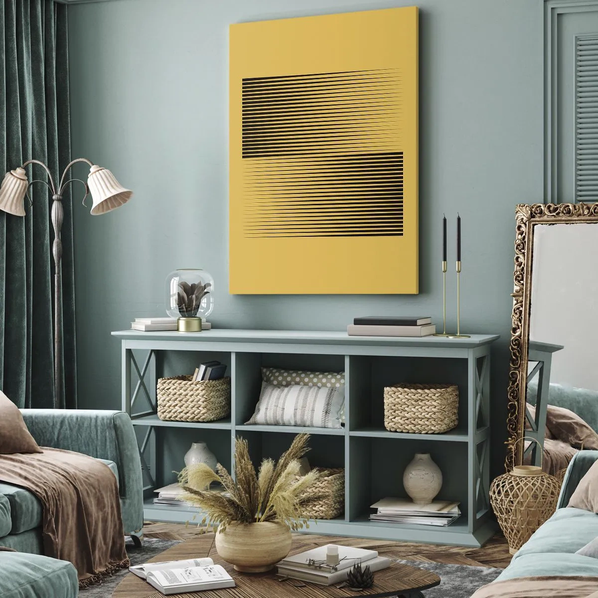 Impression sur toile - Image sur toile - Lignes noires verticales sur fond jaune - 70x100cm - Cadre opposé - Décoration murale moderne pour le salon et la chambre ARTTOR