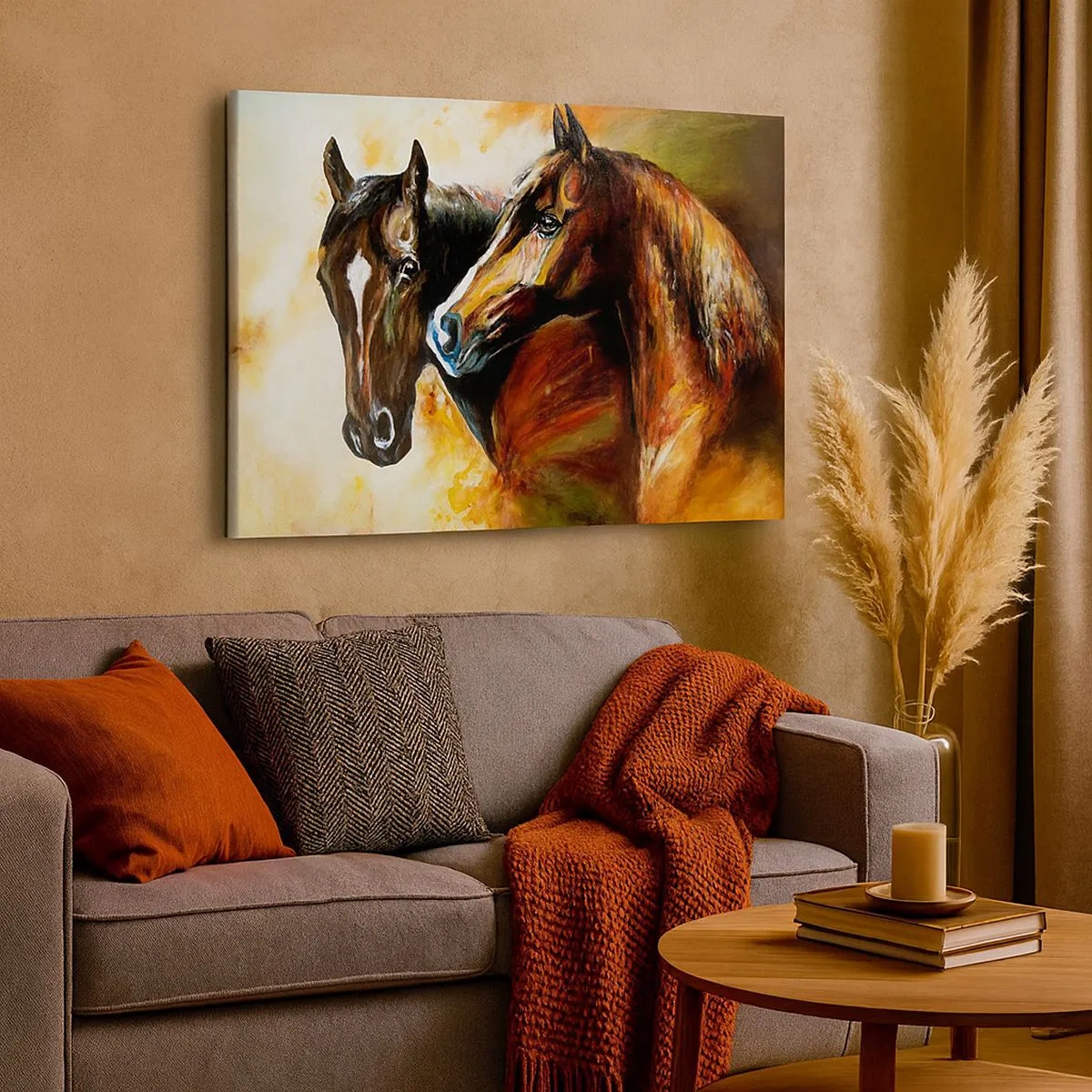 Impression sur toile - Image sur toile - Une paire de chevaux dans une composition picturale - 70x50cm - Deux fois plus gracieux - Décoration murale moderne pour le salon et la chambre ARTTOR