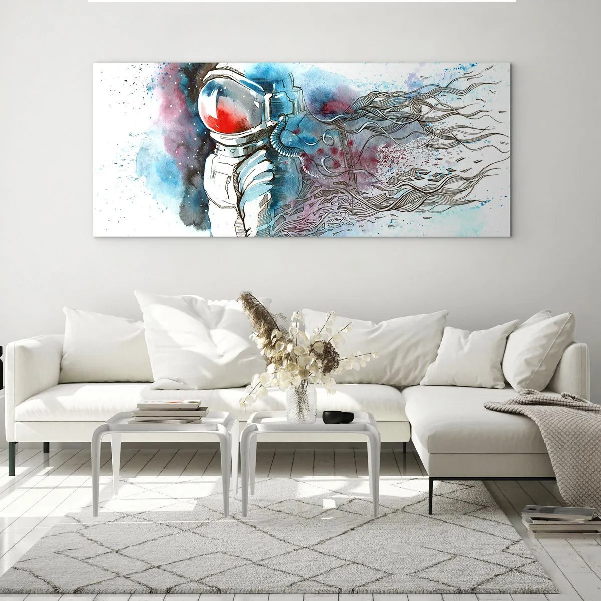 Impression sur verre - Image sur verre - Un cosmonaute dans une aquarelle dynamique avec des détails cosmiques - 140x50cm - Seul avec l'espace - Décoration murale moderne pour le salon et la chambre ARTTOR