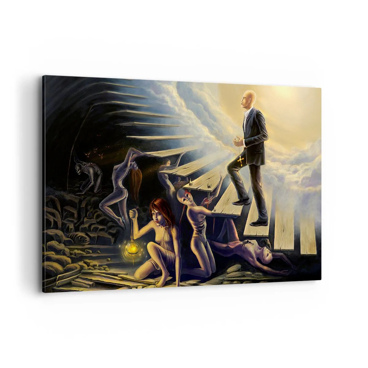 Impression sur toile - Image sur toile - Une scène symbolique du chemin vers la lumière à travers un escalier délabré - 120x80cm - Voyage dantesque vers la lumière - Décoration murale moderne pour le salon et la chambre ARTTOR