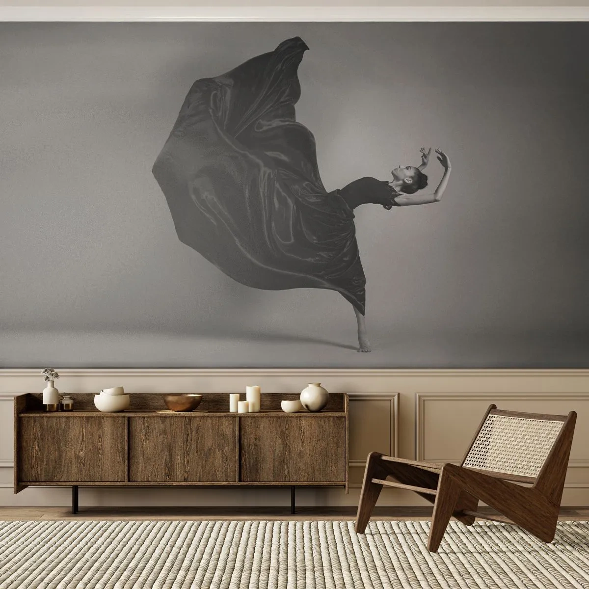 Papier Peint Photo Premium Sand - Une danseuse en robe noire capturée dans un mouvement dynamique - 100x70cm - Musique ailées - Décoration murale moderne pour le salon et la chambre ARTTOR