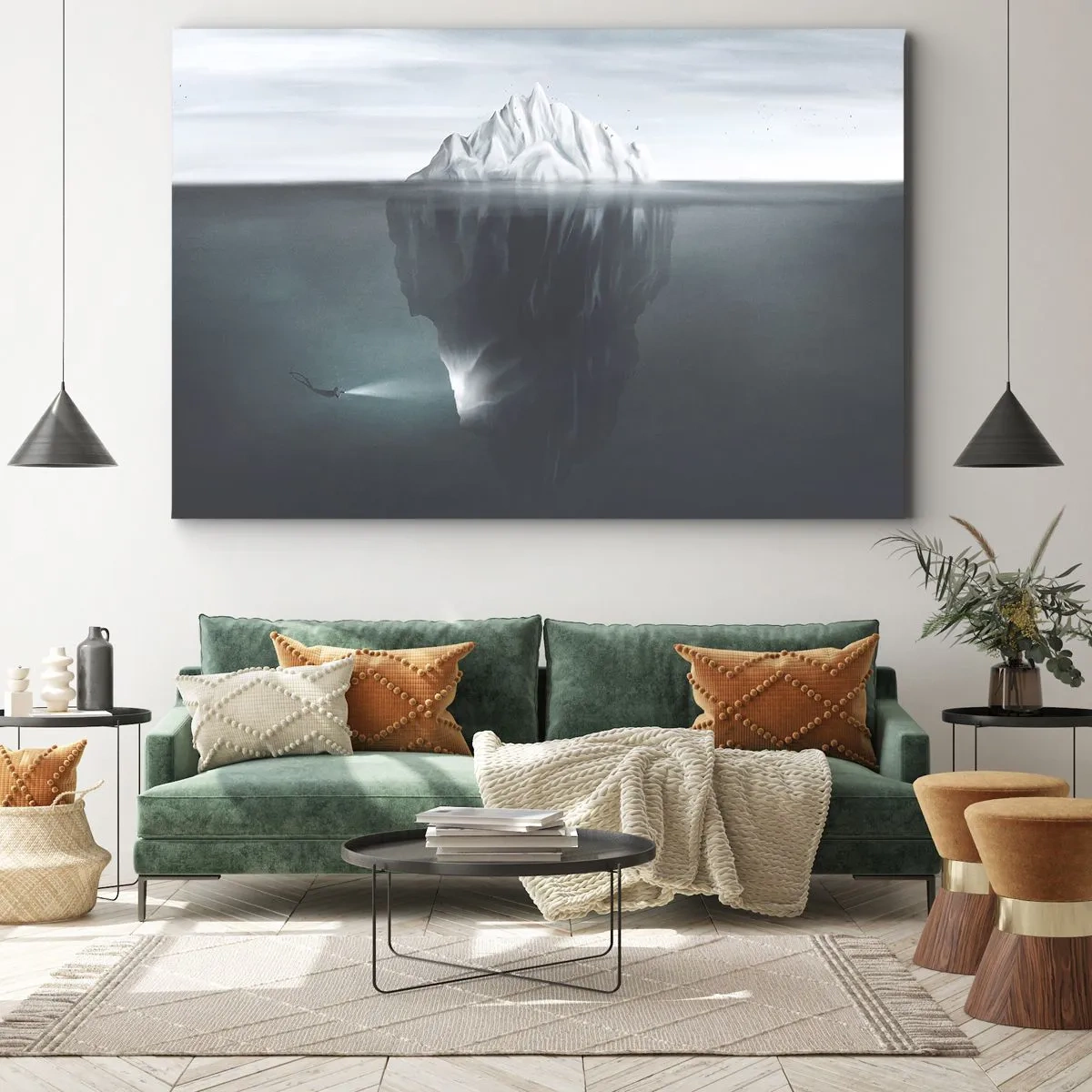 Impression sur toile - Image sur toile - Un iceberg dans l'eau avec un plongeur et un projecteur sous la surface. - 120x80cm - Mystère sous-marin - Décoration murale moderne pour le salon et la chambre ARTTOR