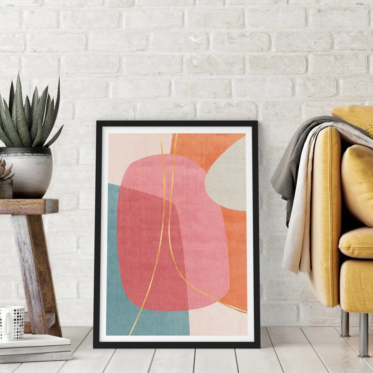 Affiche dans un cadre noir - Poster - Composition pastel au fil d'or - 40x50 cm