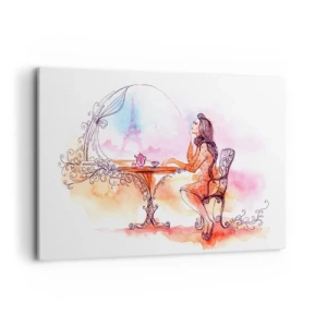Impression sur toile - Image sur toile - Aquarelle romantique d'une femme dans un café surplombant une tour - 120x80cm - Le chic parisien - Décoration murale moderne pour le salon et la chambre ARTTOR