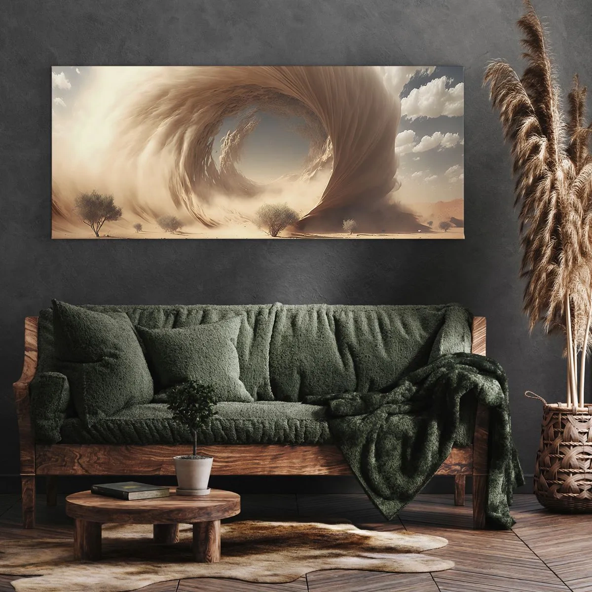 Impression sur toile - Image sur toile - Tourbillon de sable dynamique dans un désert avec des arbres - 140x50cm - Portail ouvert - Décoration murale moderne pour le salon et la chambre ARTTOR