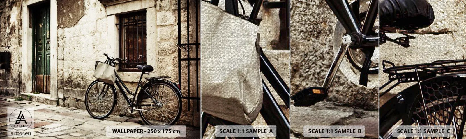 Échantillon de Papier Peint Premium Canvas - Retour au passé - Architecture, Vélo, Ancien - 100x30 cm