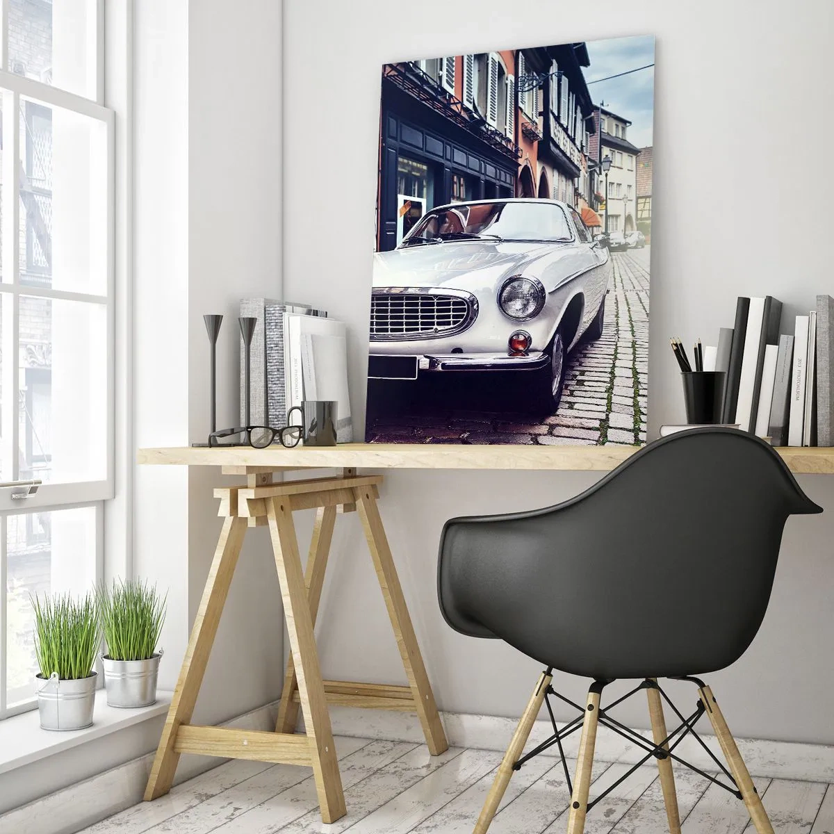 Impression sur verre - Image sur verre - Une voiture blanche classique dans une rue pavée de la ville - 80x120cm - Le passé est aujourd'hui - Décoration murale moderne pour le salon et la chambre ARTTOR