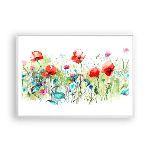 Affiche dans un cadre blanc - Poster - Prairie de fleurs en mai - 100x70 cm