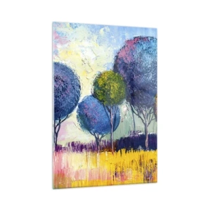 Impression sur verre - Image sur verre - Arbres colorés sur fond de paysage abstrait - 50x70cm - Sphère - la forme idéale - Décoration murale moderne pour le salon et la chambre ARTTOR