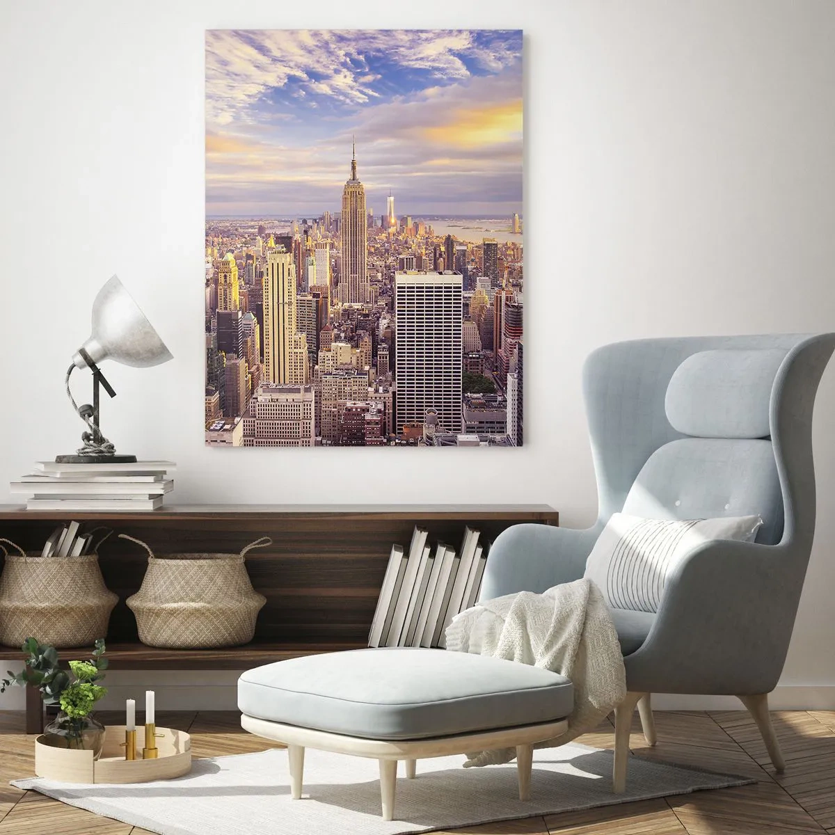 Impression sur verre - Image sur verre - Panorama d'une ville moderne avec des gratte-ciel au coucher du soleil - 70x100cm - Atteindre les nuages