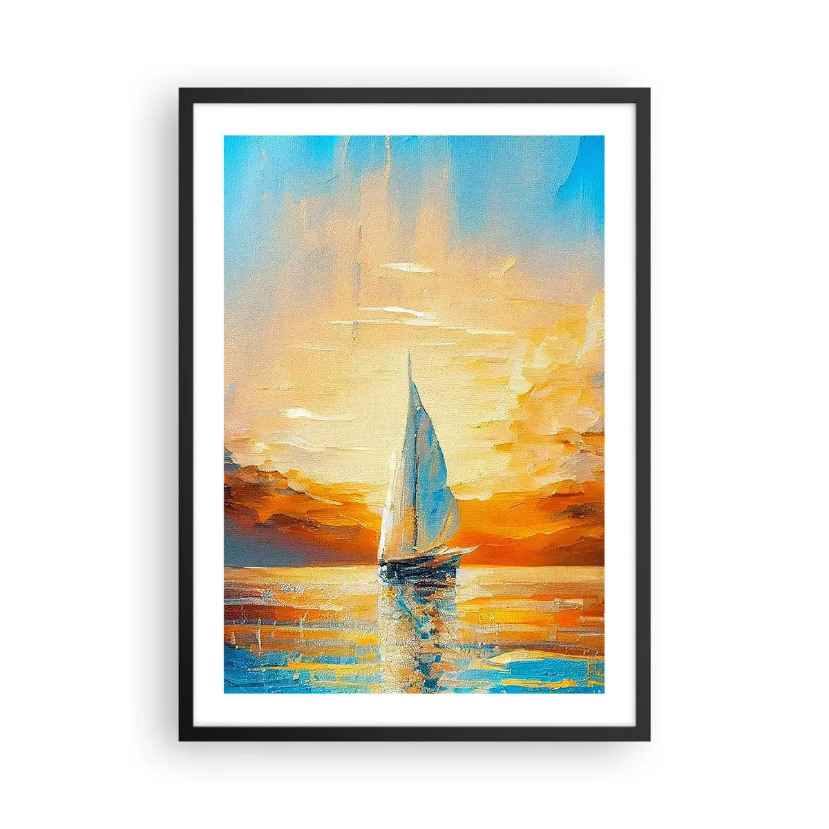 Affiche dans un cadre noir - Poster - Un voilier sur fond de coucher de soleil doré - 50x70cm - Expédition en or - Décoration murale moderne pour le salon et la chambre ARTTOR