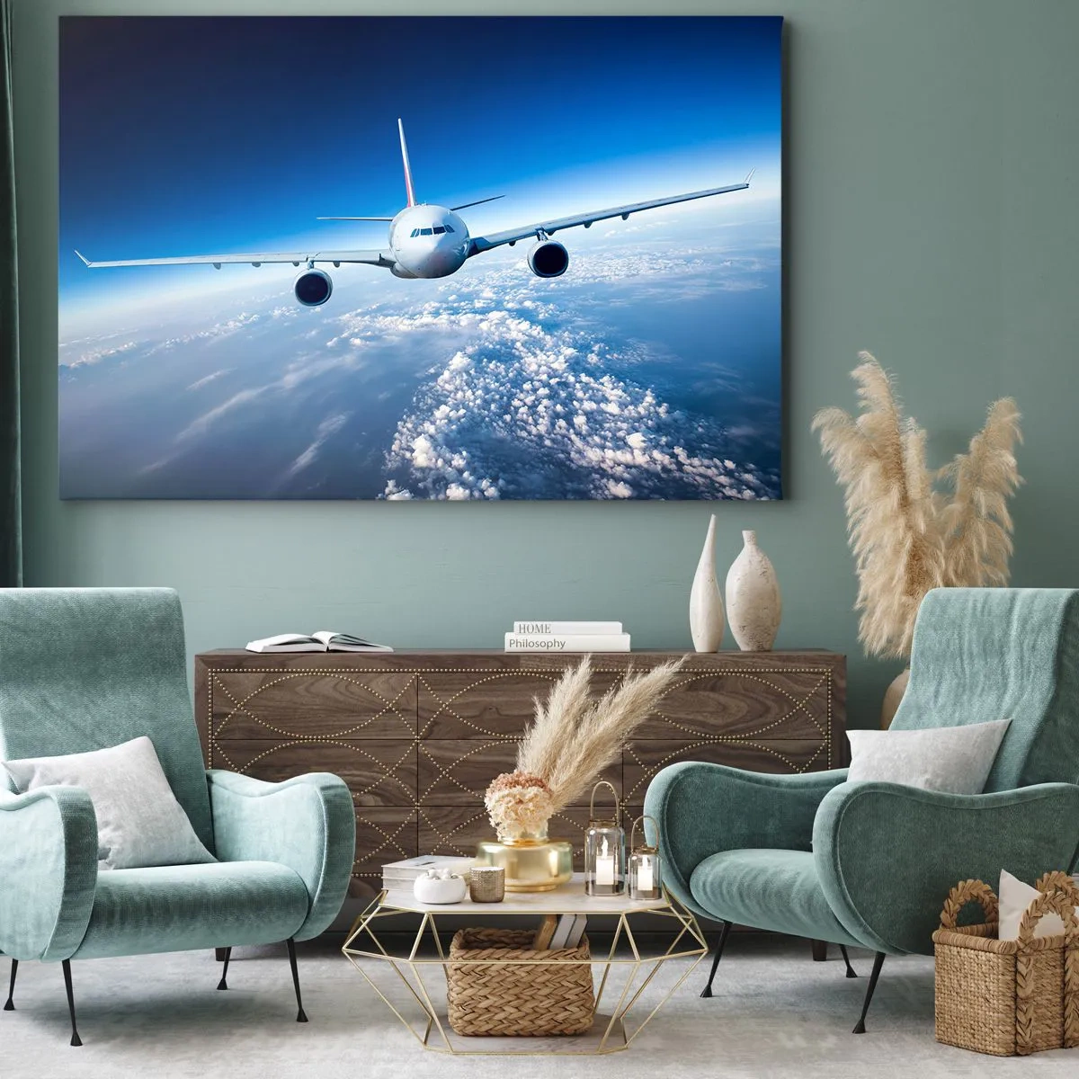 Impression sur toile - Image sur toile - Un avion volant au-dessus des nuages contre un ciel bleu - 70x50cm - Je vole parce que je le veux - Décoration murale moderne pour le salon et la chambre ARTTOR