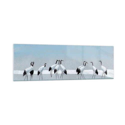Impression sur verre - Image sur verre - Un groupe de grues contre un ciel bleu et le soleil levant - 160x50cm - Après une chaude journée - Décoration murale moderne pour le salon et la chambre ARTTOR