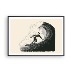 Affiche dans un cadre noir - Poster - Graphique en noir et blanc d'un surfeur sur une vague - 100x70cm - Le roi de la vague - Décoration murale moderne pour le salon et la chambre ARTTOR