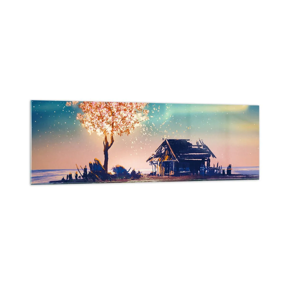 Impression sur verre - Image sur verre - Une maison et un arbre en fleurs sous le ciel nocturne - 160x50cm - La nature ne passe pas - Décoration murale moderne pour le salon et la chambre ARTTOR