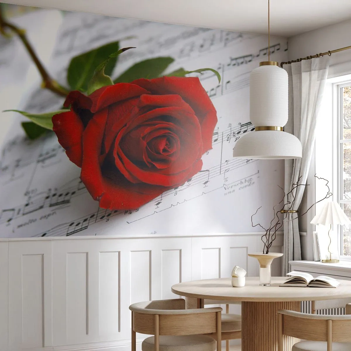 Papier Peint Photo Premium Sand - Une rose rouge sur un fond de notes de musique - 100x70cm - Musique des sentiments en écarlate - Décoration murale moderne pour le salon et la chambre ARTTOR