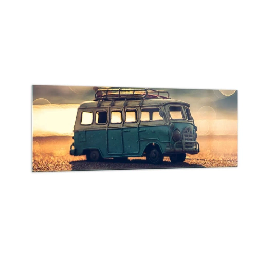 Impression sur verre - Image sur verre - Bus rétro contre une lumière floue - 140x50cm - La fin des idoles : argent et travail - Décoration murale moderne pour le salon et la chambre ARTTOR