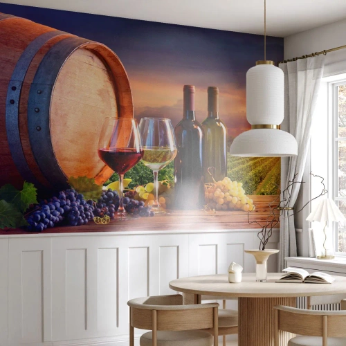 Papier peint sur mesure Premium Canvas - Ici la vie a du goût - Vignoble, Tonneau de vin, Raisin