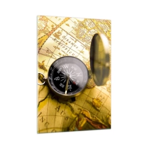Impression sur verre - Image sur verre - Une carte dorée avec une boussole comme accent d'aventure - 50x70cm - Ou peut-être jusqu'au bout du monde ? - Décoration murale moderne pour le salon et la chambre ARTTOR