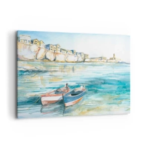 Impression sur toile - Image sur toile - Un paysage balnéaire pittoresque avec des bateaux sur l'eau - 100x70cm - Paysage dans l'azur - Décoration murale moderne pour le salon et la chambre ARTTOR
