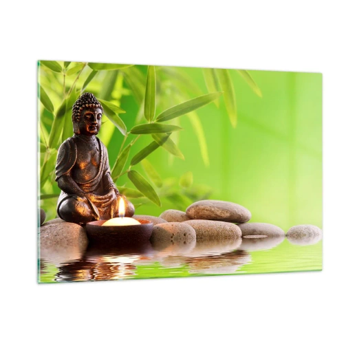 Impression sur verre - Image sur verre - Une figure de Bouddha avec une bougie allumée dans un cadre verdoyant - 120x80cm - La vie est belle - Décoration murale moderne pour le salon et la chambre ARTTOR