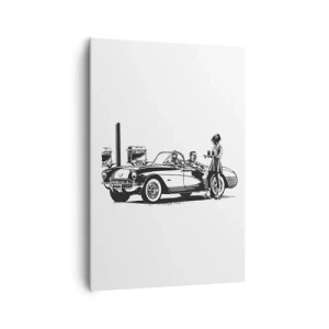 Impression sur toile - Image sur toile - Une scène rétro en noir et blanc avec une voiture et une serveuse en patins à roulettes. - 70x100cm - 60's - Amérique insouciante - Décoration murale moderne pour le salon et la chambre ARTTOR