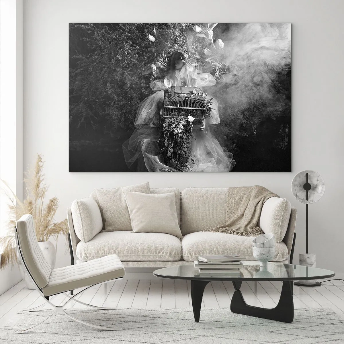 Impression sur verre - Image sur verre - Femme en robe cage en tulle et couronne de plantes en noir et blanc - 120x80cm - Tout simplement Mère Nature - Décoration murale moderne pour le salon et la chambre ARTTOR