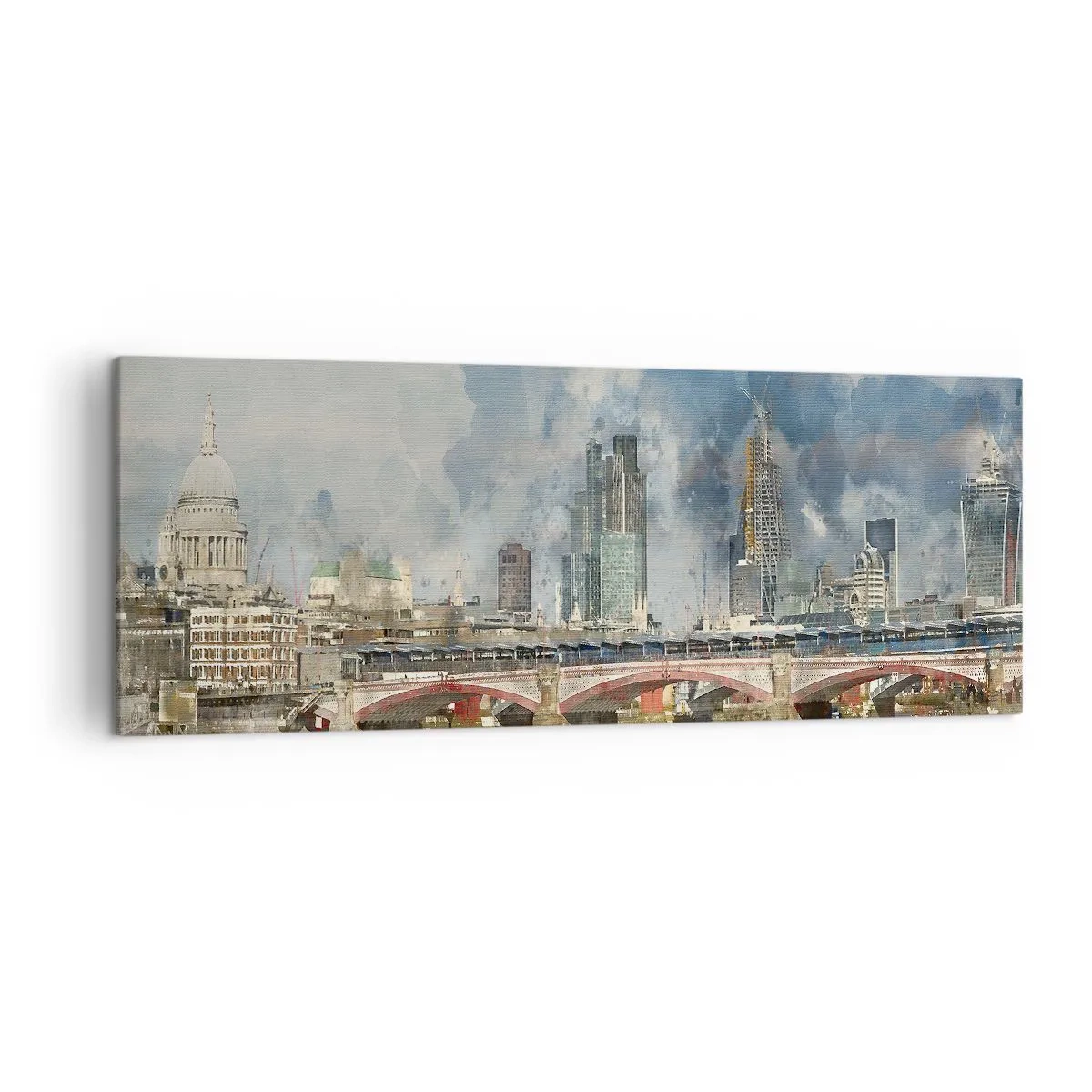 Impression sur toile - Image sur toile - Vue à l'aquarelle du pont et des toits de la ville - 140x50cm - Londres dans toute sa splendeur - Décoration murale moderne pour le salon et la chambre ARTTOR
