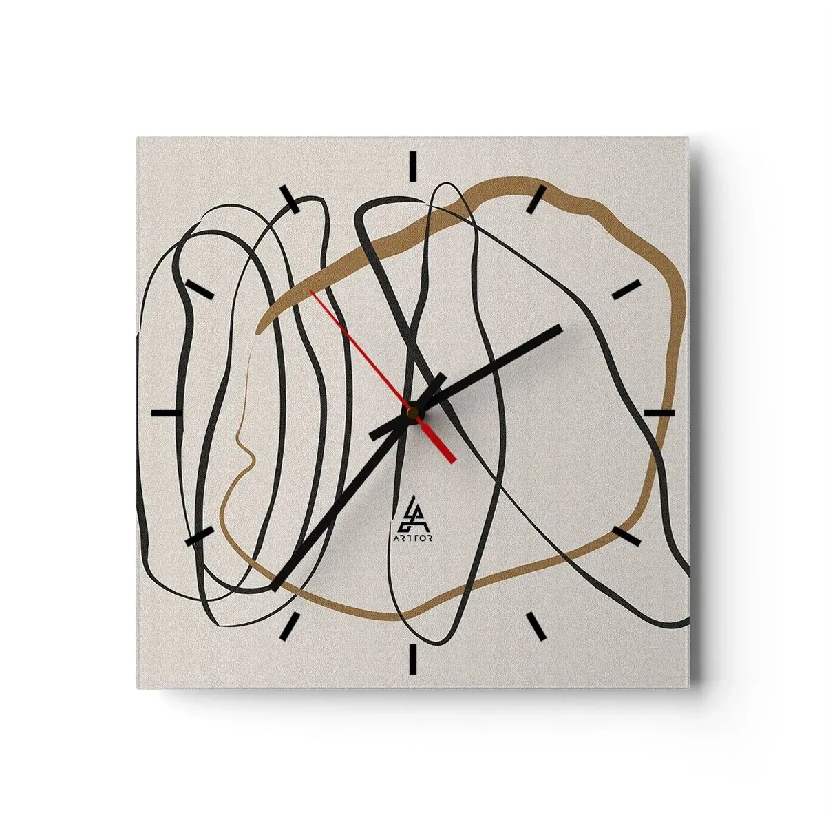 Horloge murale - Pendule murale - Lignes artistiques en noir et or sur fond clair - 30x30cm - Composition – danse en boucle - Décoration murale moderne pour le salon et la chambre ARTTOR