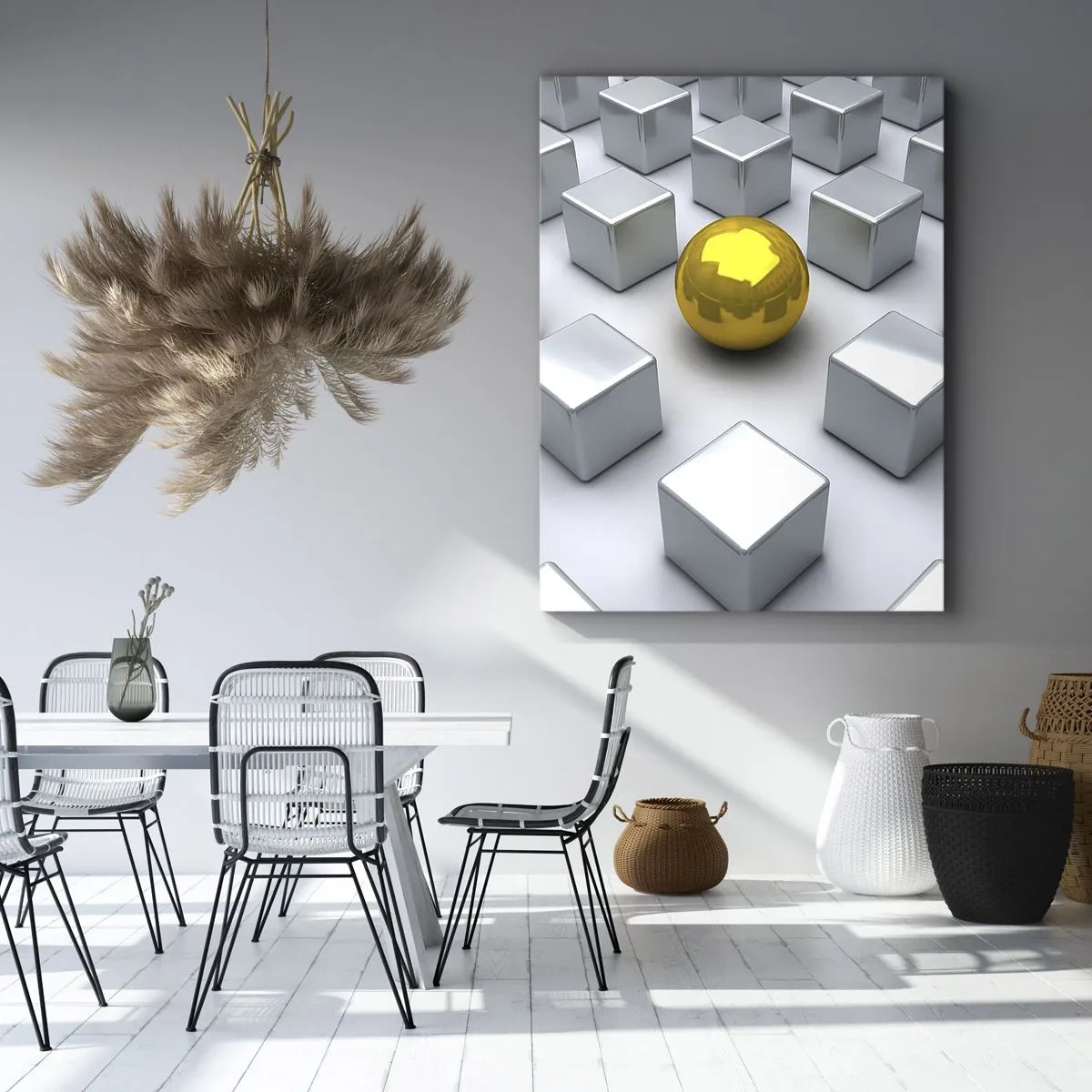 Impression sur toile - Image sur toile - Une sphère dorée se détachant parmi les cubes d'argent - 80x120cm - Pourquoi moi? Composition géométrique - Décoration murale moderne pour le salon et la chambre ARTTOR