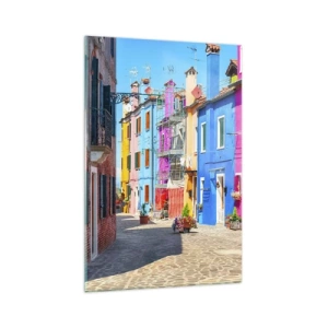 Impression sur verre - Image sur verre - Bâtiments colorés dans une rue étroite de la ville - 70x100cm - Ville "Sous les perroquets" - Décoration murale moderne pour le salon et la chambre ARTTOR