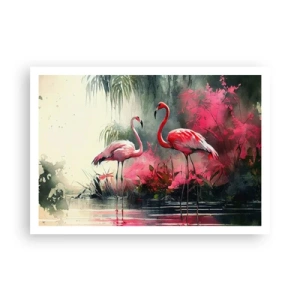 Affiche - Poster - Flamants roses au bord de l'eau entourés de végétation - 100x70cm - Une leçon de grâce naturelle - Décoration murale moderne pour le salon et la chambre ARTTOR